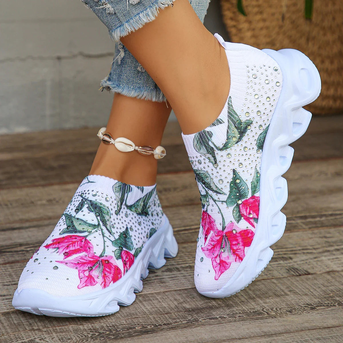 Rimocy women's crystal floral mesh sneakers by SHOWLU FASHION STORE, breathable slip-on flats with floral crystal details and mesh upper.
