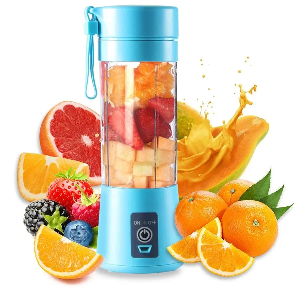 Portable mini USB juicer blender with compact design, shown in the image with a transparent container and stainless steel blades.