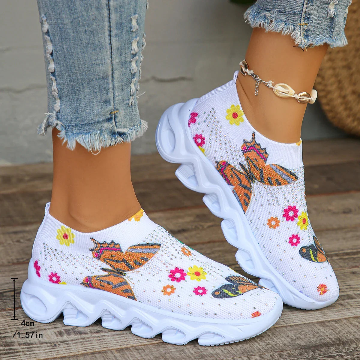 Women's crystal butterfly mesh sneakers by SHOWLU FASHION STORE featuring breathable slip-on flats with decorative butterfly design.