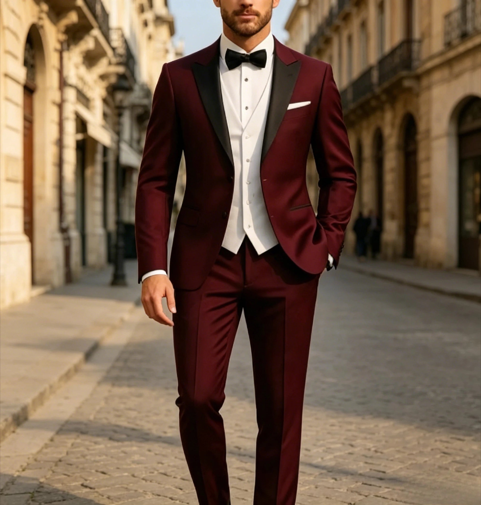 Black, burgundy, white, and red men's tuxedo suit set with jacket, vest, and pants, ideal for wedding, formal, and prom occasions.