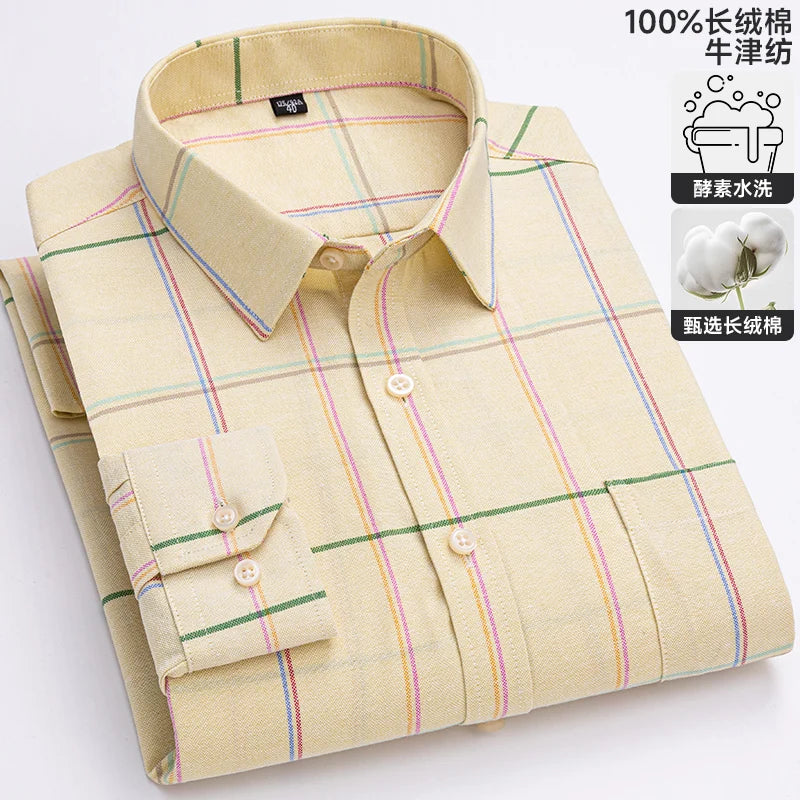 Men's long sleeve plaid Oxford shirt in 100% pure cotton, soft regular fit, formal dress style, available in 6XL and 7XL sizes.