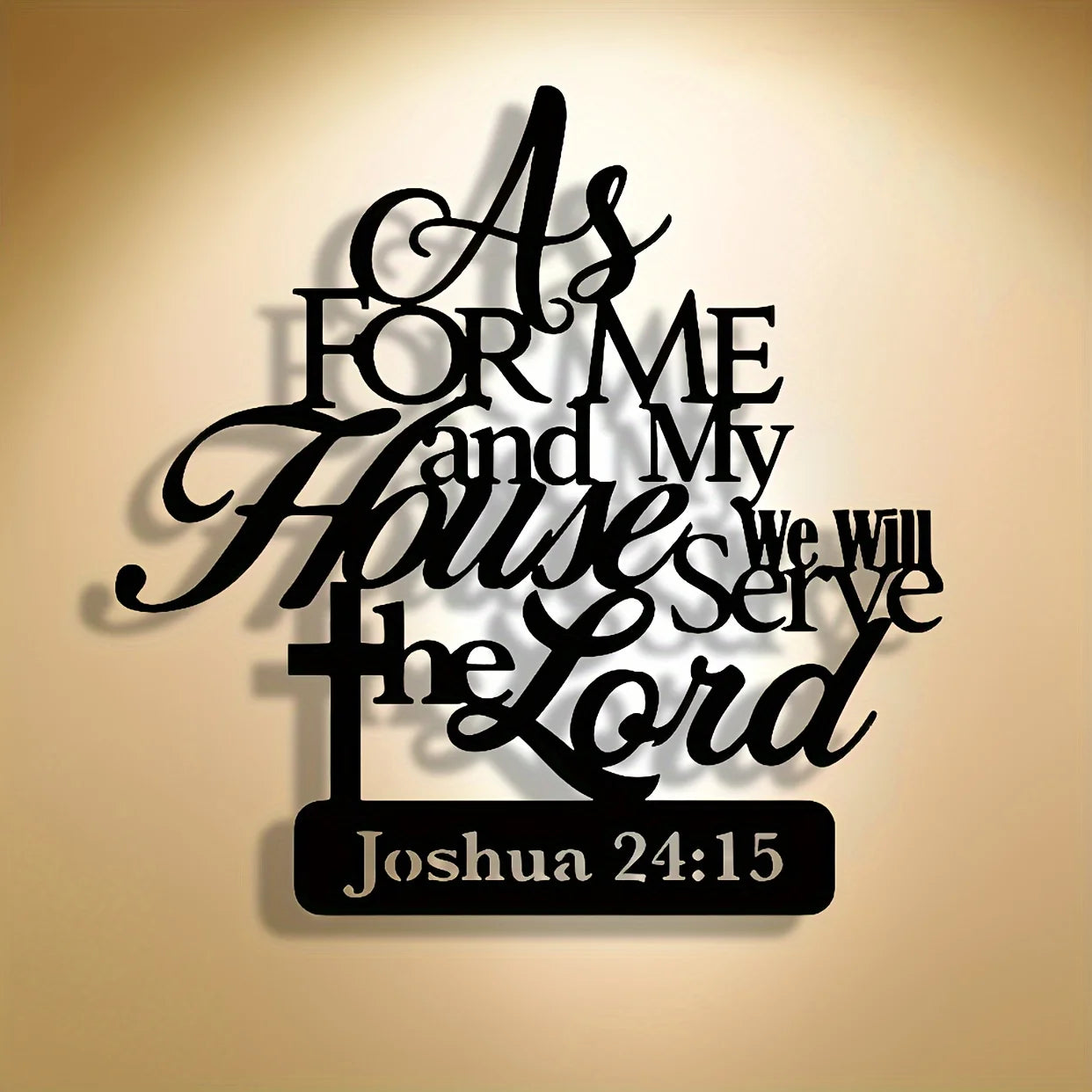 Religious iron wall art featuring the phrase "As for me and my house" in metal decor, showcasing intricate metal design.