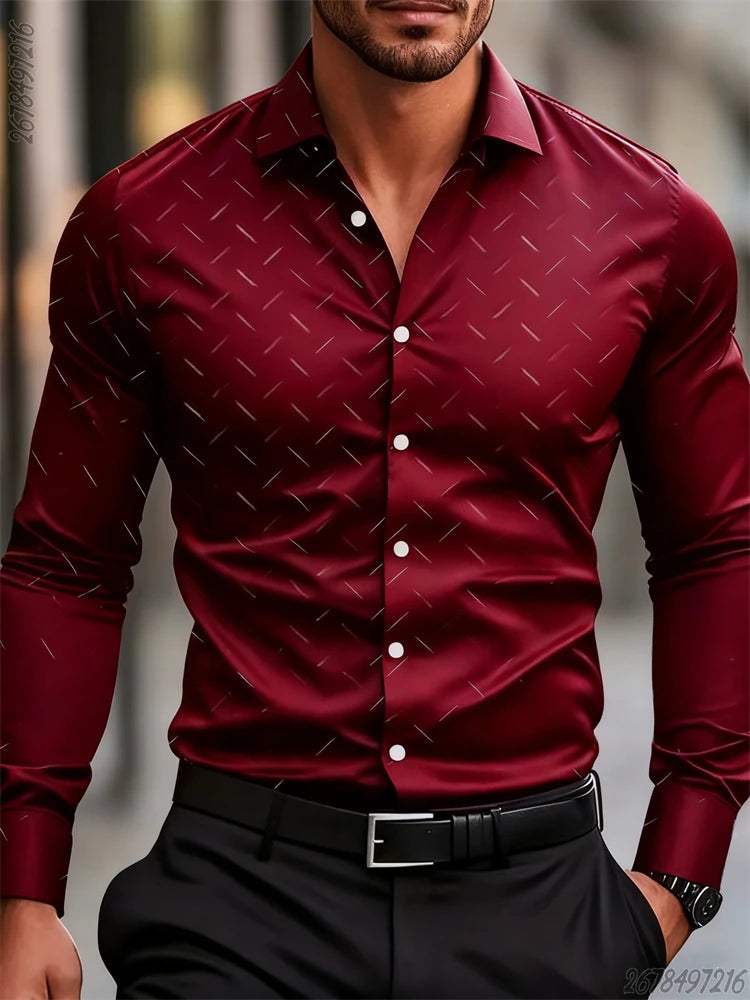 Men's long-sleeved geometric pattern shirt in 17 colors, fashionable, non-iron, comfortable business casual top by Showlu Fashion.