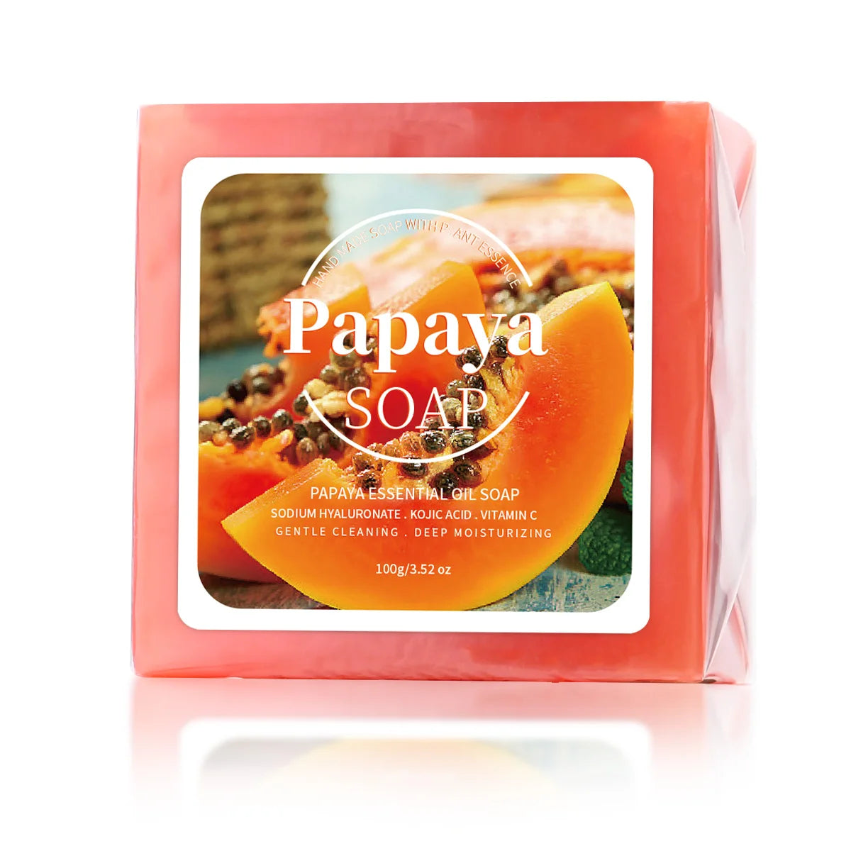 Handmade soap with papaya extract, coconut, and goat milk for deep cleansing and whitening, featuring natural ingredients.