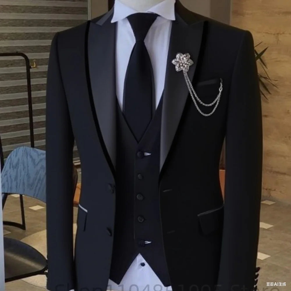 Men's solid slim fit 3-piece business suit set with blazer, vest, and pants, perfect for wedding parties and formal events.