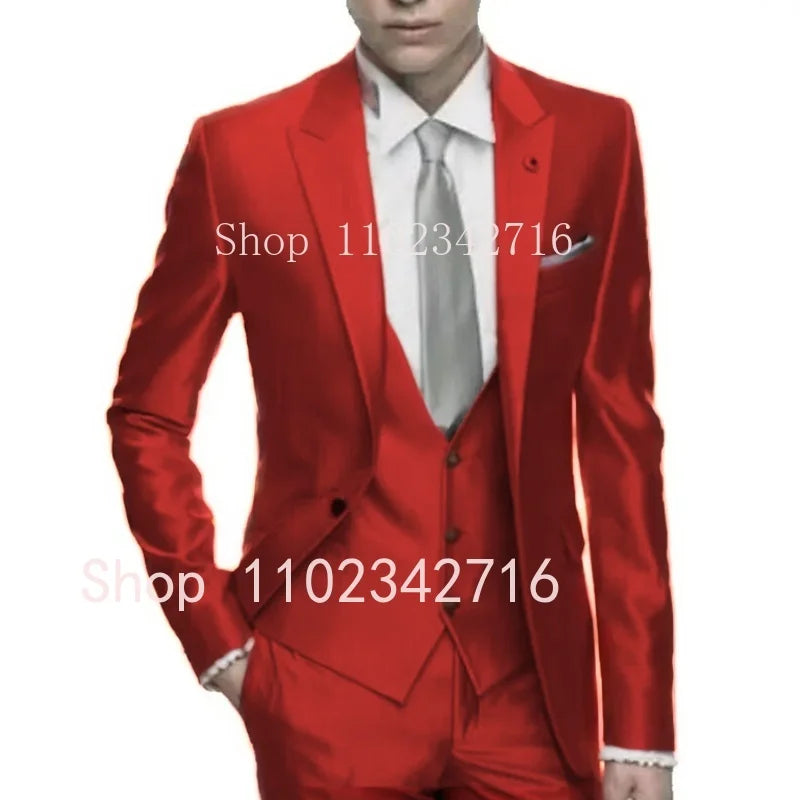 Showlu Silver Grey Satin Men's 3-Piece Slim Fit Formal Tuxedo for weddings, featuring satin lapels and tailored fit.