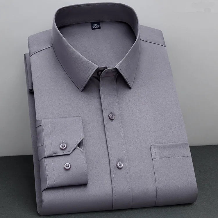 Showlu Fashion men's long sleeve bamboo fiber shirt with a classic solid design, non-iron, anti-wrinkle, ideal for business casual wear