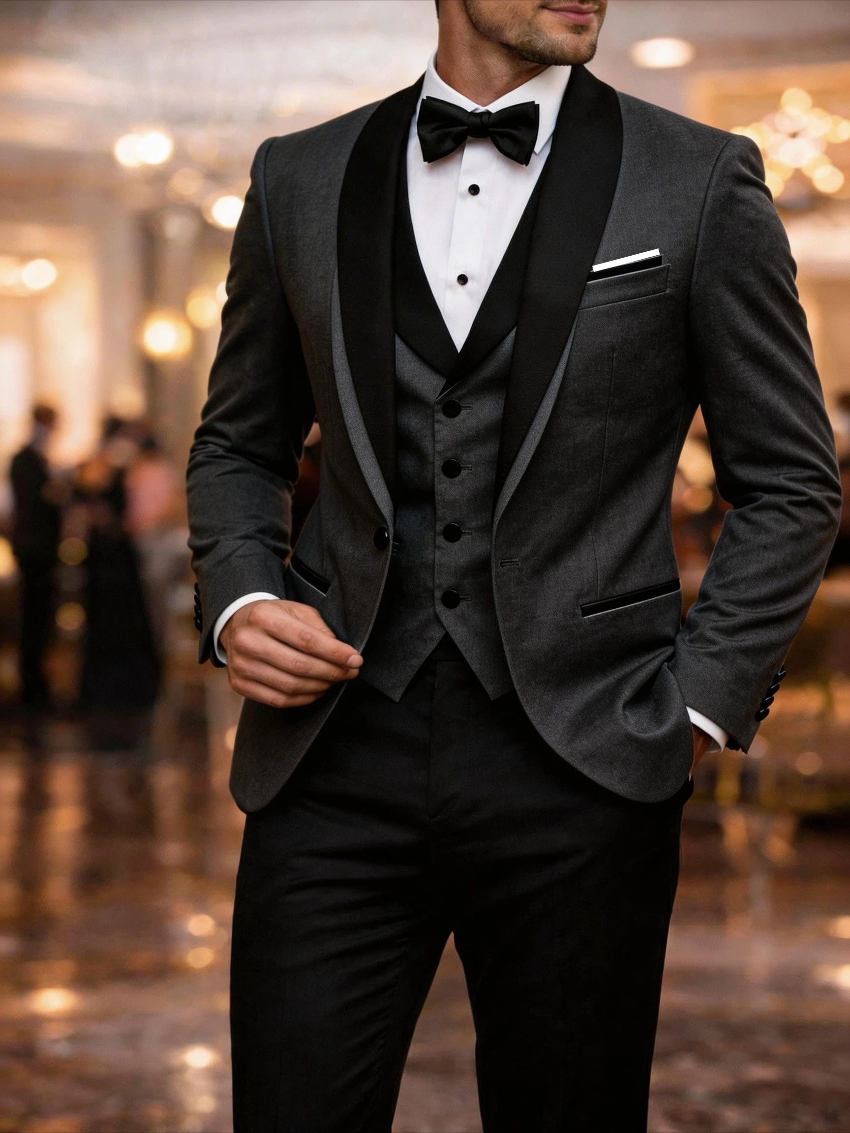Men's black tuxedo suit set by Showlu Smart General, includes dinner jacket, dress shirt, and bow tie for formal events and galas.