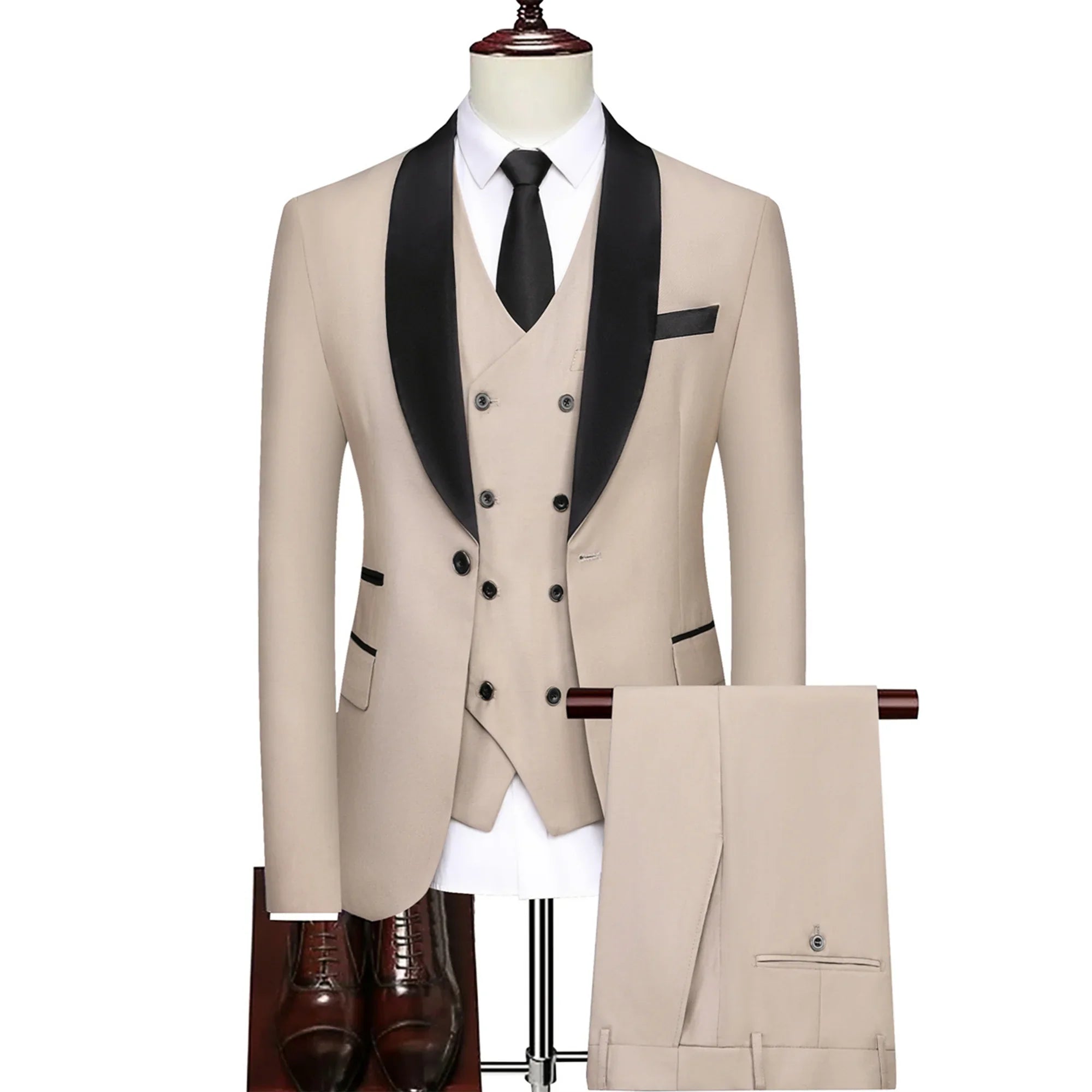 SHOWLU Men's 3-piece slim fit suit with wool blend tuxedo jacket, vest, and trousers, ideal for weddings and business events.