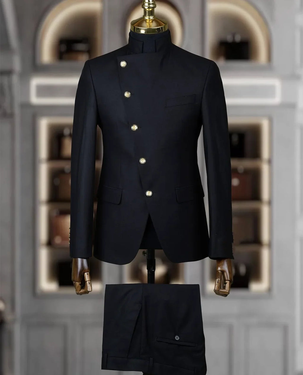 Showlu Fashion Men's slim fit cotton wedding tuxedo suit with stand collar, two-piece design, ideal for formal occasions.