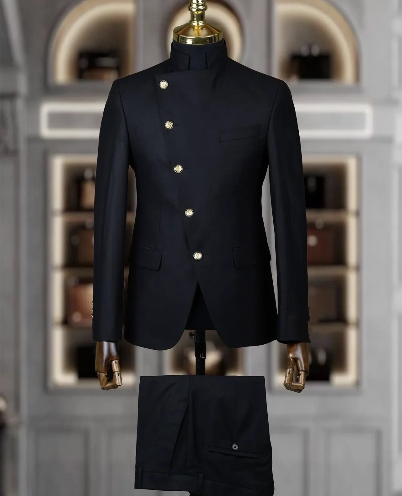 Showlu Fashion Men's slim fit cotton wedding tuxedo suit with stand collar, two-piece design, ideal for formal occasions.