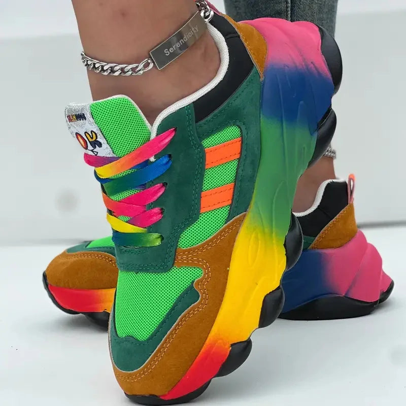 Colorful lace-up women's platform sneakers by Roar Uthaug, showing vibrant design and trendy running shoe style.