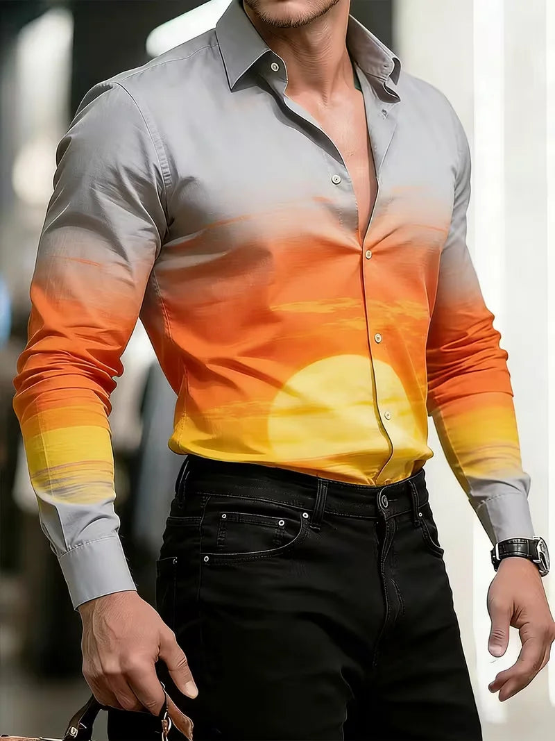 Men's fashionable 3D flame printed shirt with long sleeves and button-up design, featuring a stylish casual top from Showlu Fashion.