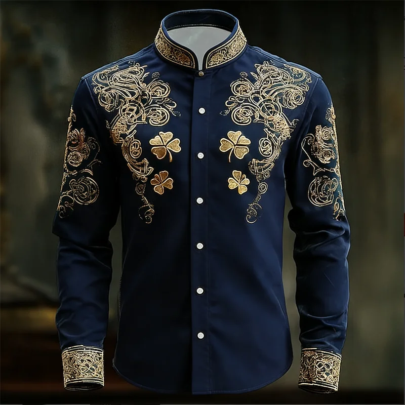 Men's floral long-sleeved shirt with gold 3D clover print by Showlu Fashion, featuring a luxurious and fashionable design.