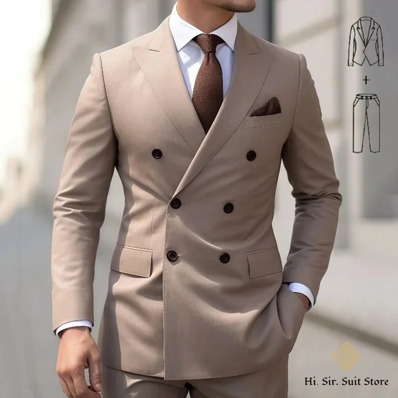Slim-fit men's double-breasted blazer suit set with matching pants, ideal for weddings, formal events, or reunions.