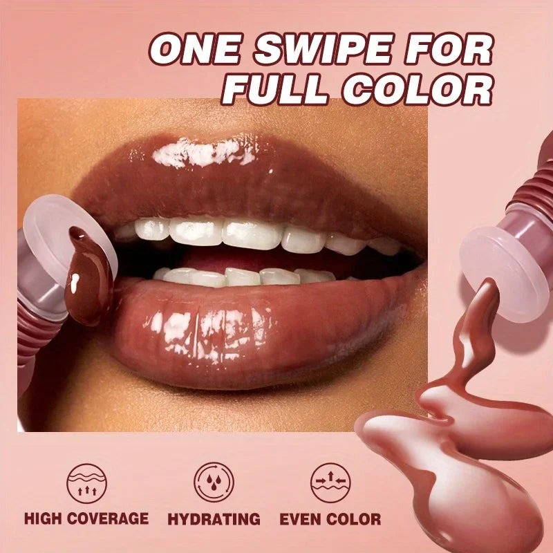 Brightening SHOWLU lip moisturizing serum in a colored balm treatment with smooth, glossy finish on a clear container.