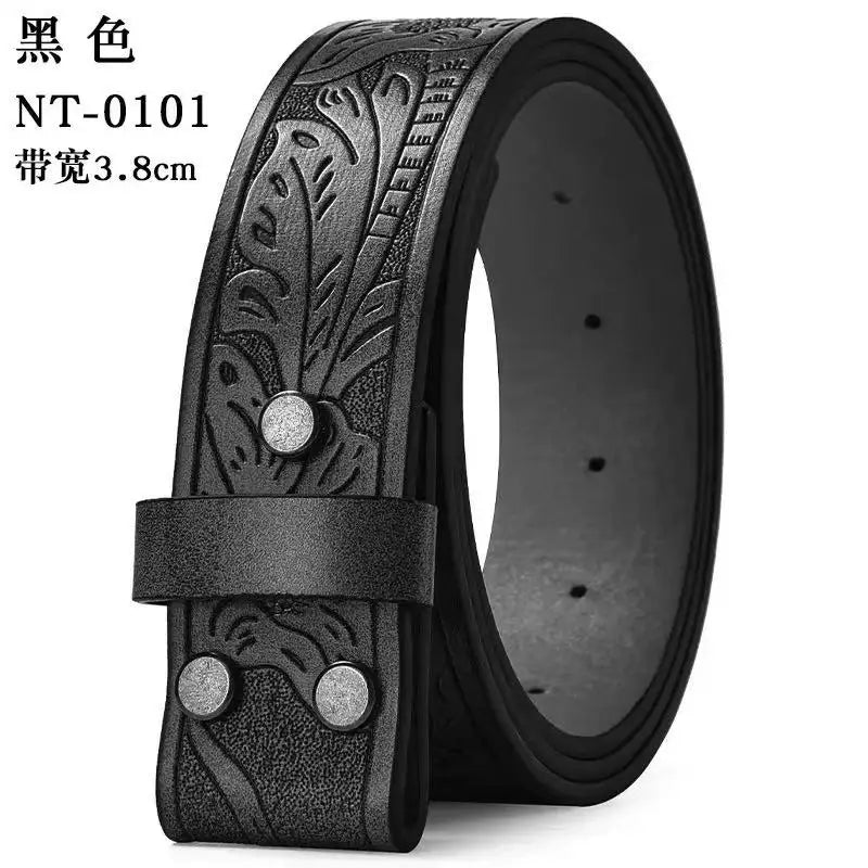 Showlu Western cowboy belt in PU leather with vintage printed buckle, designed for jeans, featuring detailed Western-inspired print.