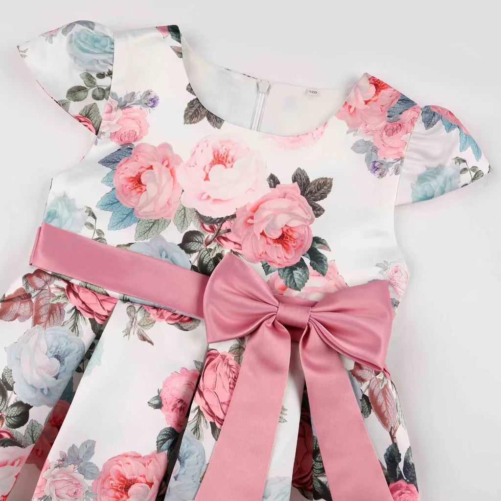 Girls' rose print dress by Showlu Fashion featuring a bow, perfect for holiday parties and performances, European and American princess style.