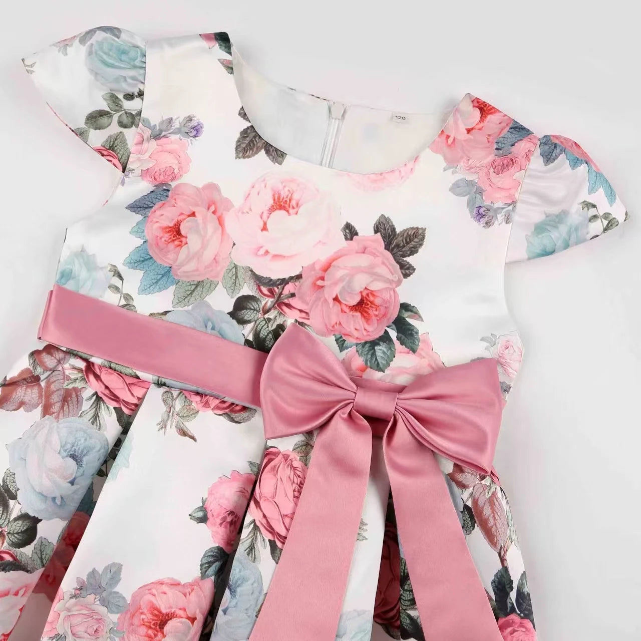 Girls' rose print dress by Showlu Fashion featuring a bow, perfect for holiday parties and performances, European and American princess style.