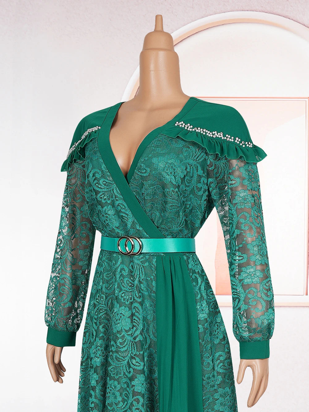 Elegant African women’s summer lace dress with plus size fit, featuring long length and stylish design for evening or party wear.