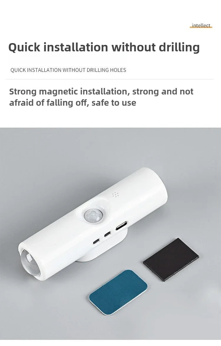Rechargeable motion sensor LED cabinet light by Showlu Smart General, magnetic USB under counter closet night light in black.