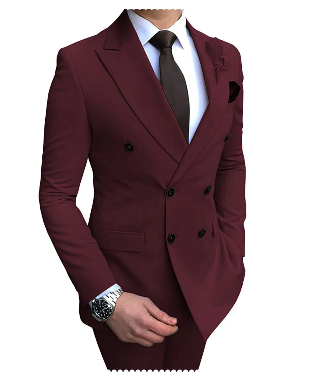 Beige men's suit by Showlu Fashion, 2024 double-breasted blazer and slim-fit pants for wedding or casual occasions.