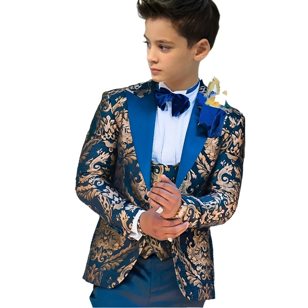 Kids floral boy tuxedo suit with jacket, vest, and pants for weddings, suitable for ages 2-16, by Showlu Fashion Store.