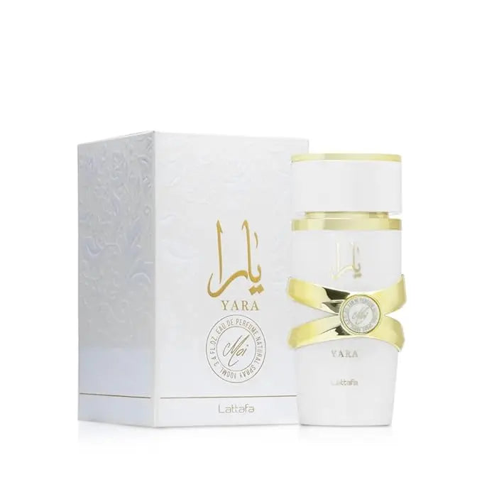 Lattafa Yara Moi women's Arabian perfume bottle, 100ml Gourmand fragrance, elegant design and floral notes visible.