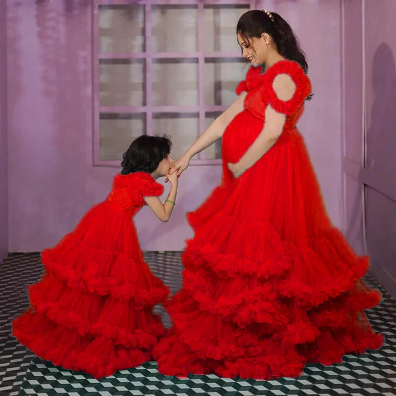 Showlu Fashion Mother and Daughter Puffy Tulle Prom Dresses with ruffles and tiered mesh for baby showers and pregnant women.