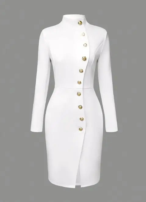 Slim fit women's sheath dress with stand collar, elegant autumn knit style, by Showlu Fashion, perfect for sophisticated occasions.