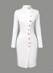 A white knee-length sheath dress with a stand-up collar and a side-slit button placket.