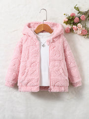 A pink hooded jacket made of soft, fuzzy material with a front zipper closure.