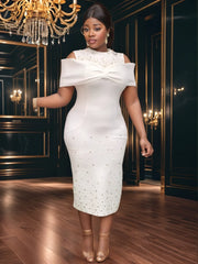 Sweet Bodycon Dresses for Women O Neck Big Bow Sleeveless Beaded High Waist Fashion Elegant Birthday Wedding Guest Evening Gowns