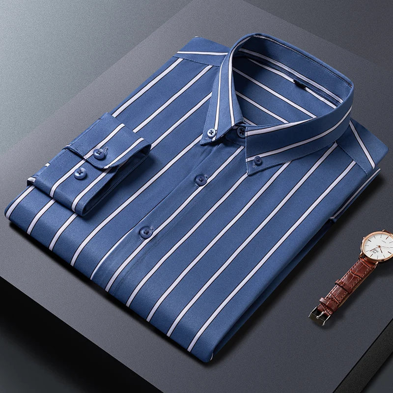 2024 Summer M-5XLMen's Shirt Long Sleeve Slim Fit Stripe Business Gentlemen's Inner Layer Shirt Non Iron Wrinkle Resistant Shirt