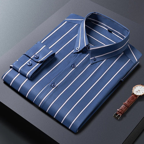 2024 Summer M-5XLMen's Shirt Long Sleeve Slim Fit Stripe Business Gentlemen's Inner Layer Shirt Non Iron Wrinkle Resistant Shirt