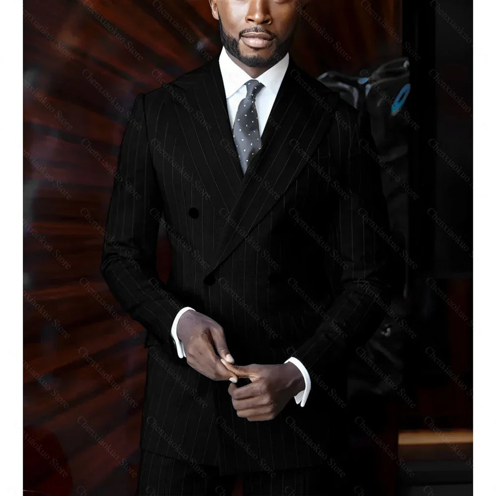 Men's blue pinstripe suit by SHOWLU FASHION STORE featuring a double-breasted blazer and slim-fit trousers.