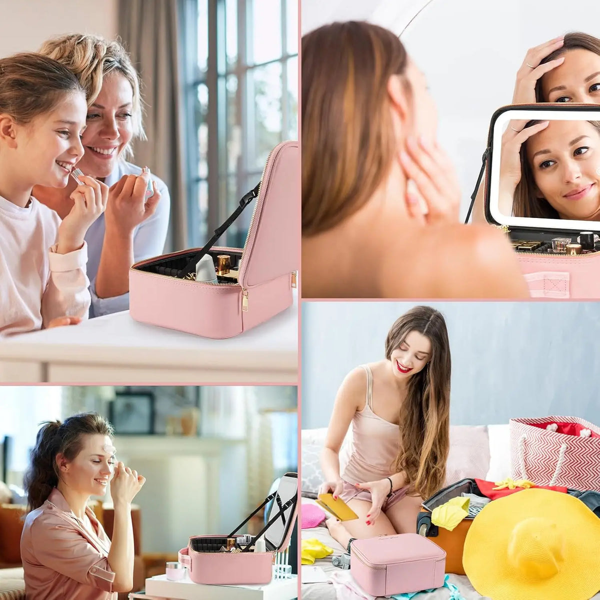 SHOWLU Makeup Bag with LED Mirror, large travel cosmetic organizer featuring multiple compartments and a built-in light for easy makeup application.