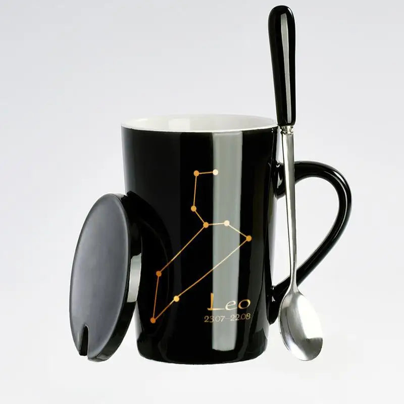 Black ceramic coffee mug featuring the 12 zodiac signs, with lid and spoon, by Showlu Fashion Store.