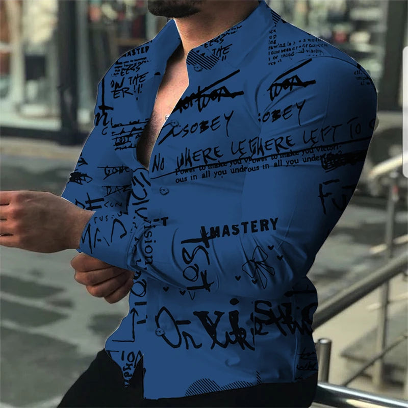 Men's long-sleeved Hawaiian shirt with 3D letter pattern, 7-color design, loose fit, super large size 6XL, spring casual style.