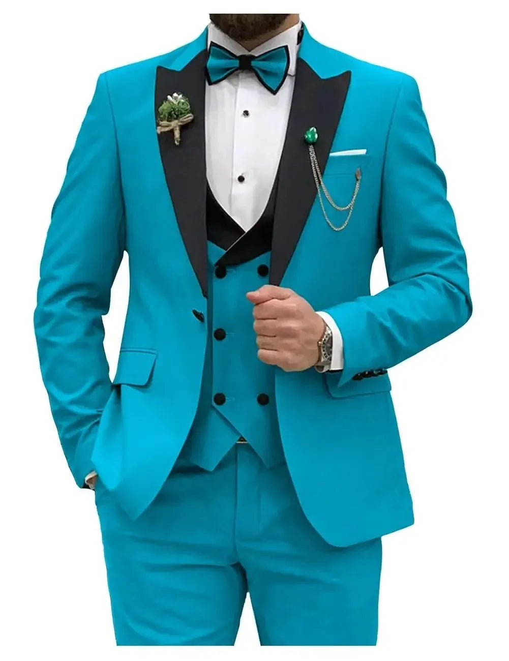 Royal blue men's 3-piece slim fit suit by Showlu Fashion Store, featuring a double-breasted blazer, vest, and matching trousers.