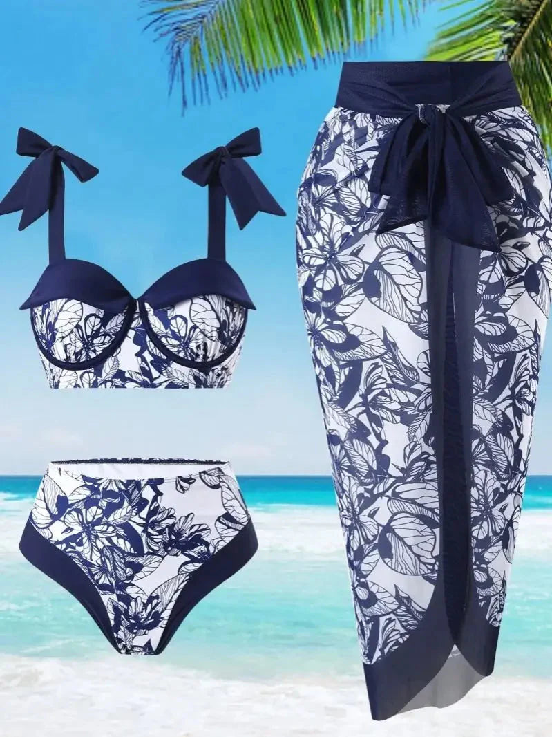 Plus size floral bikini set with high waist and matching cover-up, shown in vibrant print, by SHOWLU FASHION STORE.