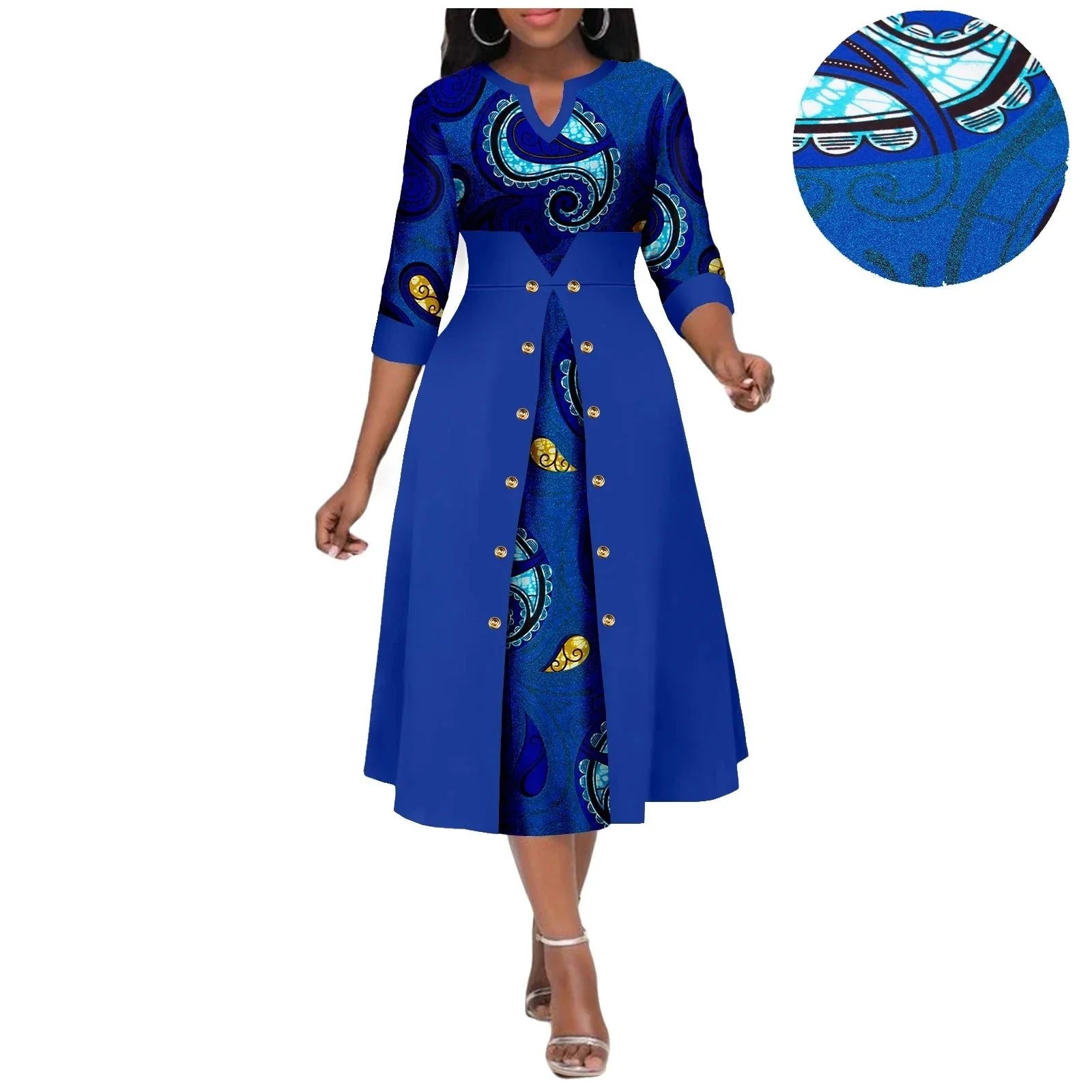 AFRIPRIDE women's Ankara print V-neck dress with cotton A-line midi skirt, stylish and vibrant for casual or special occasions.