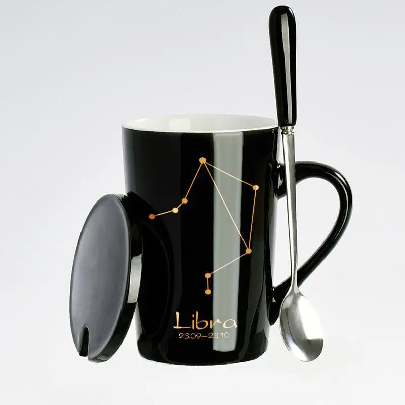 Black ceramic coffee mug featuring 12 zodiac signs with lid and spoon, designed by Showlu Fashion Store.