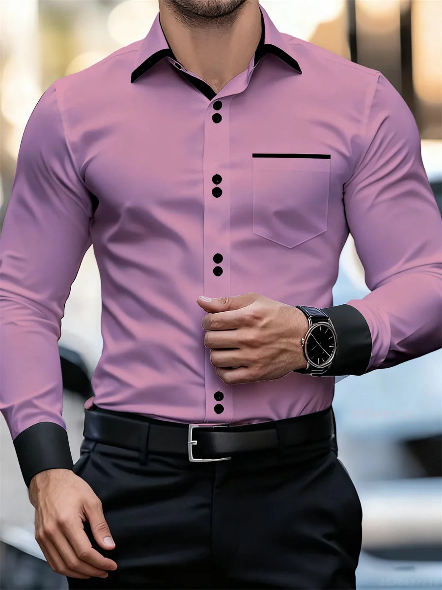 Men's black and white color block collar long sleeve shirt by Showlu Fashion, slim fit, wrinkle-free patchwork design, men's business top