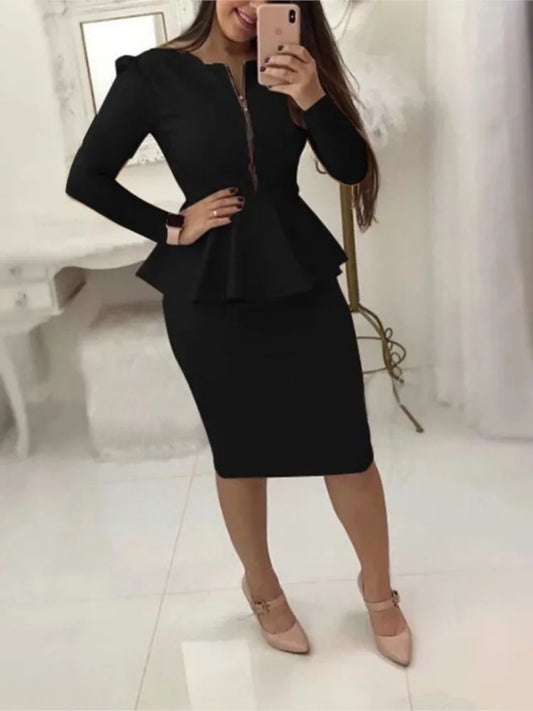 Elegant Women's Skirt Sets Solid Zipper V-neck Slim Top + Package Hip Knee-Length Skrits Suits Female Casual Work Two Pieces Set