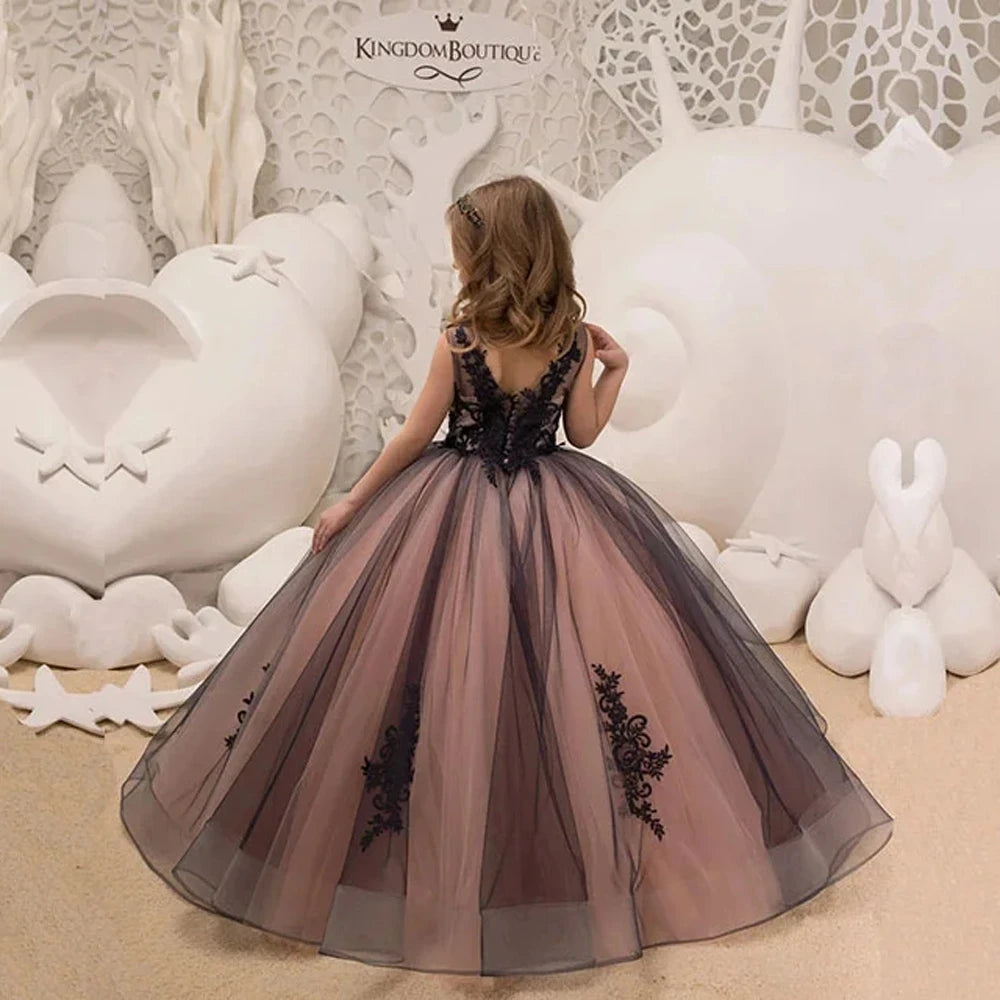 Pink lace flower girl dress with floral tulle ball gown design by Showlu Fashion Store, featuring intricate lace details and a full skirt.