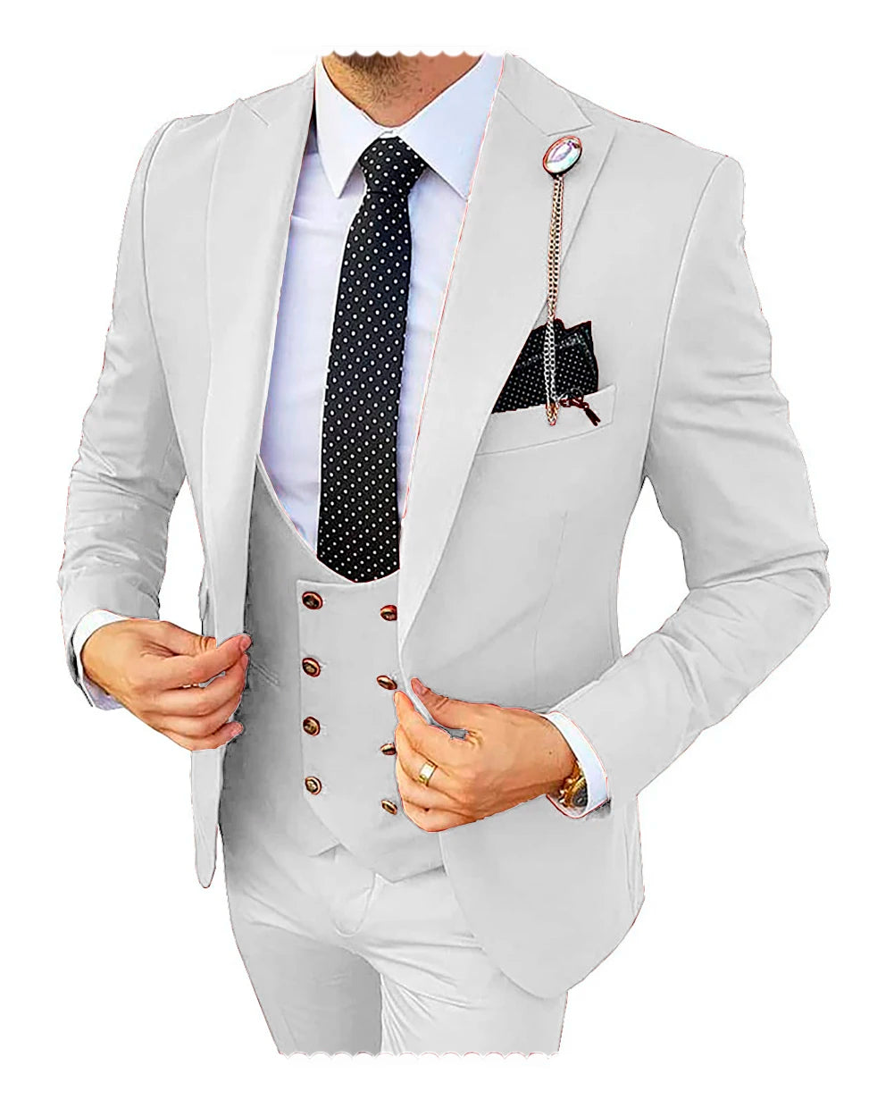 Formal men's 3-piece wedding suit by Showlu Fashion, slim fit champagne tuxedo with blazer, vest, and pants for groom or business occasions.