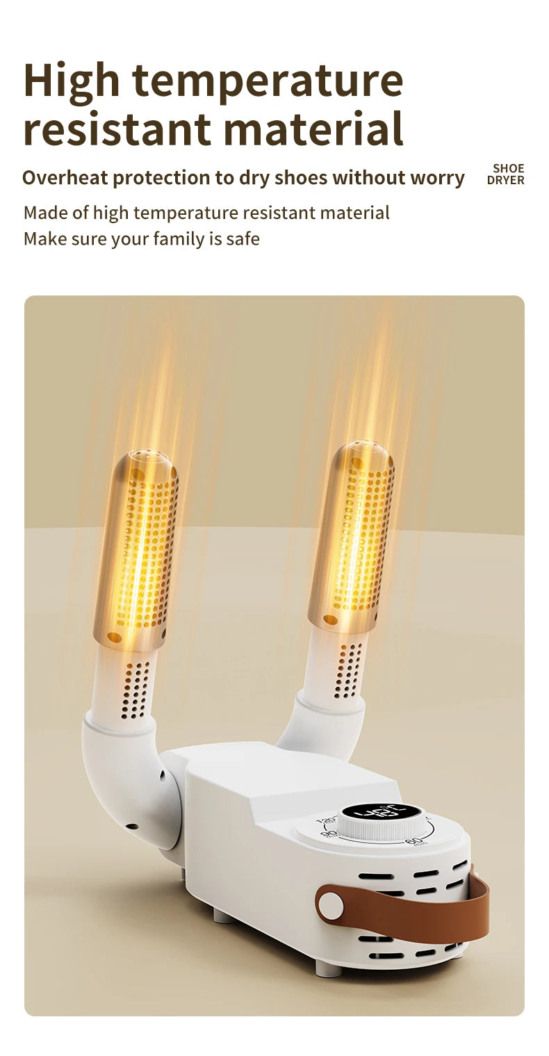 Showlu Smart General electric shoe dryer with 150W power, portable design, deodorizer feature, and timer functionality.