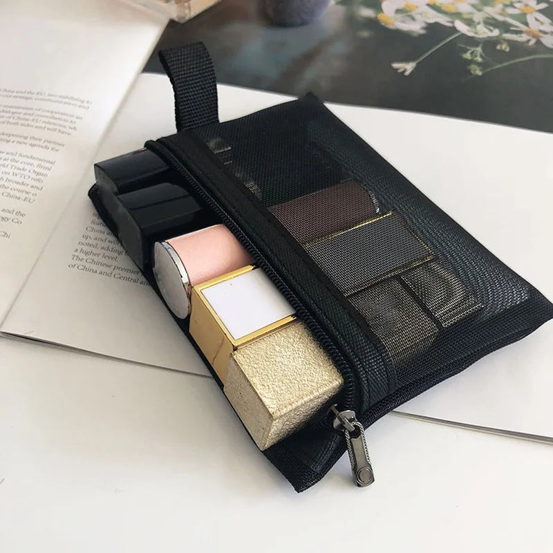 Black transparent mesh makeup bag for women, small and large cosmetic organizer with pencil case and storage pouch.