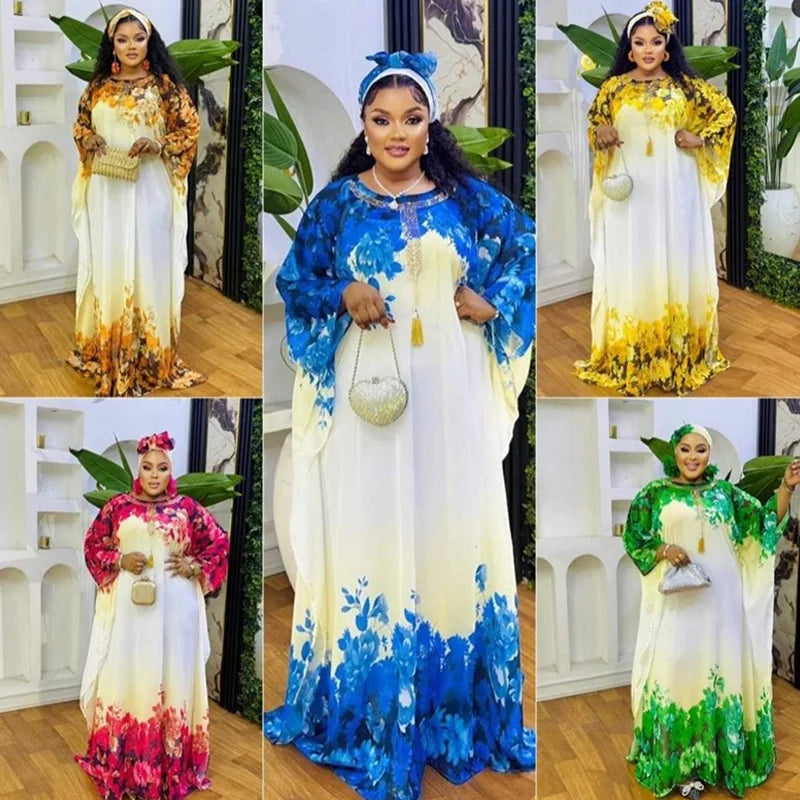 African dress for women featuring traditional dashiki Ankara fabric, long gown style with Muslim kaftan design by Showlu Fashion Store.